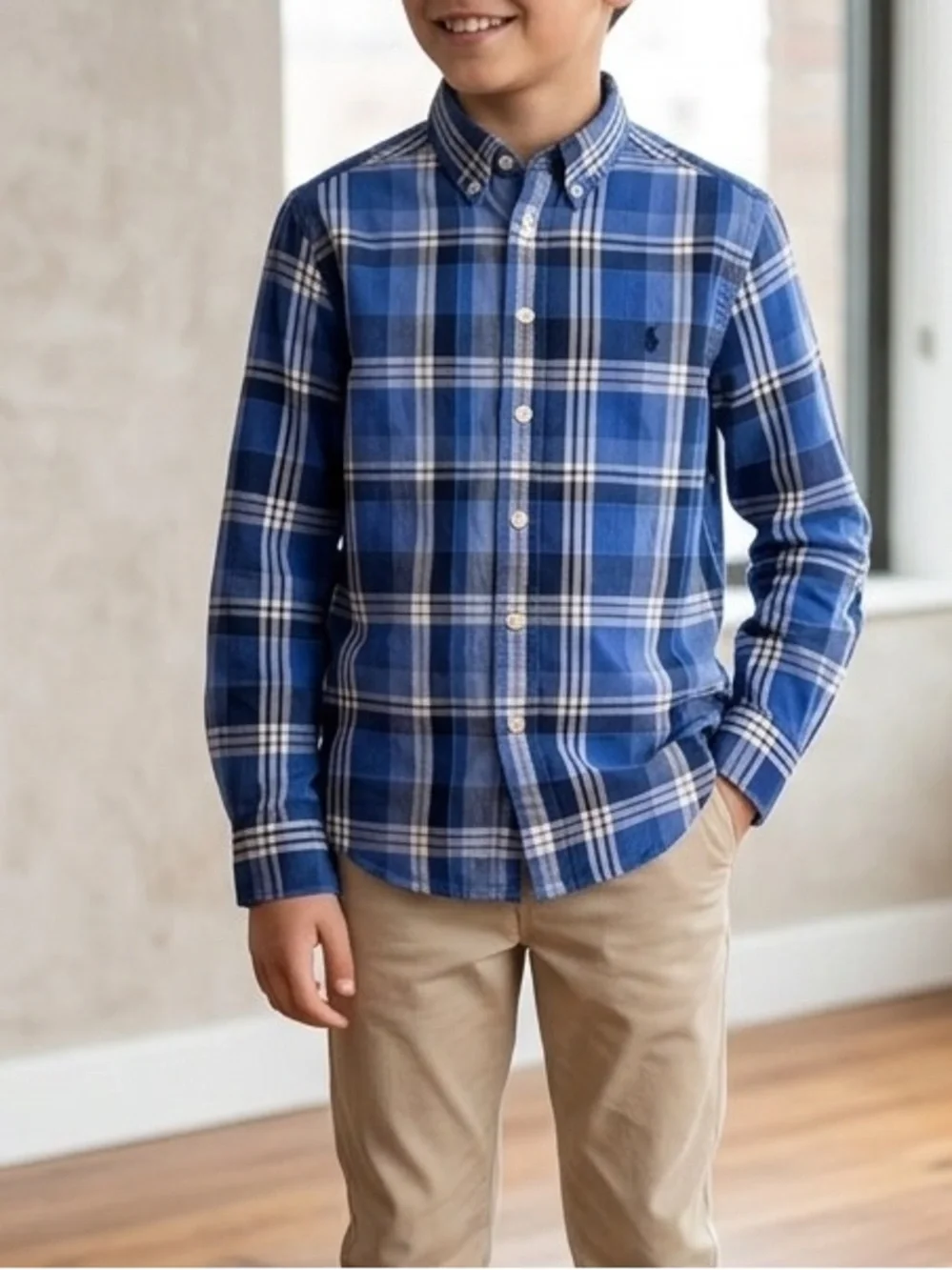 Ralph Lauren Boys Blue Plaid Button Down Shirt, Size M (10-12)